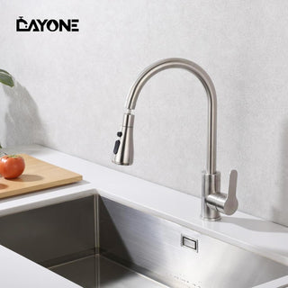 DAYONE Waterfall Kitchen Sink Tap with Pull Out Sprayer, Matte Black Kitchen Faucet Raindance 3 Modes, Modern Stainless Steel 1 Hole Sink Mixer, 360° Swivel & Single Handle, DAY-CR2546