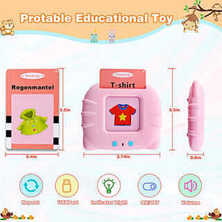 Talking Flash Cards Learning Toys for Toddlers 1-6 Year Old,British English, 224 Words, Audible Educational Toys, Preschool Learning Resource Electronic Interactive Toy Birthday Gifts for Kids-Pink