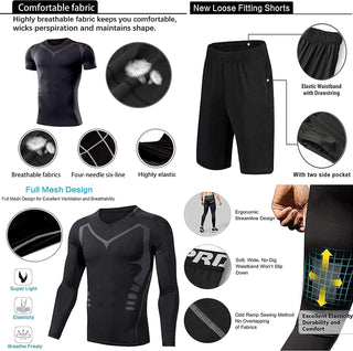 Moonmen 5pcs Mens Sports Gym Fitness Running Clothing Set, Hoodies Jackets, Long Short Sleeve, Basic T Shirts, Loose Fitting Shorts, Compression Pants Workout Training Tracksuits
