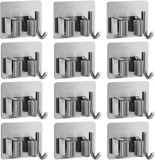 ZALCOON 4 PCS Mop Broom Holder Wall Mount - Mop Holder Self Adhesive Broom Hanger Stainless Steel for Home Garage Garden Laundry Room Storage, Kitchen Tools Organizer (With Hook)