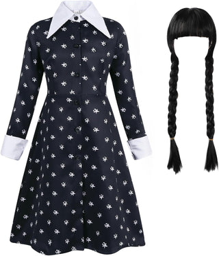 AmzBarley Girls Addams Costume Little Kids Addams Family Dress Up for Halloween Cosplay Birthday Party