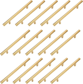Kitmose 15 Pack Cabinet Pulls Brushed Gold Stainless Steel T Bar Pull Handles for Furniture Kitchen Cabinet Cupboard Drawer Door Handle Pull Knobs (Overall Length 6", Hole Center 3-3/4")