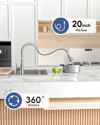 DAYONE Waterfall Kitchen Sink Tap with Pull Out Sprayer, Matte Black Kitchen Faucet Raindance 3 Modes, Modern Stainless Steel 1 Hole Sink Mixer, 360° Swivel & Single Handle, DAY-CR2546