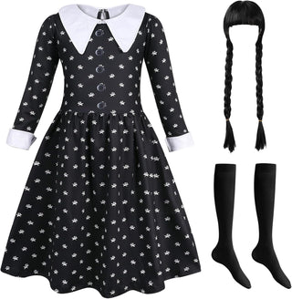 AmzBarley Girls Addams Costume Little Kids Addams Family Dress Up for Halloween Cosplay Birthday Party
