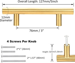 Kitmose 15 Pack Cabinet Pulls Brushed Gold Stainless Steel T Bar Pull Handles for Furniture Kitchen Cabinet Cupboard Drawer Door Handle Pull Knobs (Overall Length 6", Hole Center 3-3/4")