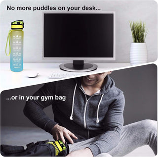 GEMFUL Water Bottle 1L with Straw Time Marker Tritan BPA Free for Fitness Gym Outdoor Sports (Green/black)