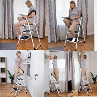 SKY-TOUCH Foldable Ladder 3 Steps, Home Ladder Folding Step Stool with Wide Anti-Slip Pedal, Adults Folding Sturdy Steel Ladder for Home,Kitchen, Garden, Office