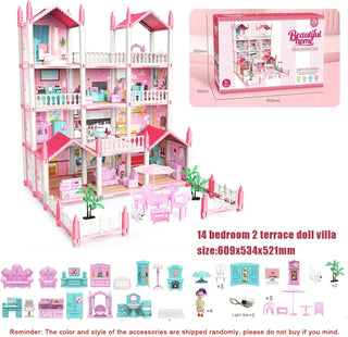 Beauenty Doll House Building Toys with Lights to Assemble Kitchen, Bedroom, Furniture, Garden, Dolls, Pets, Pink Play Dream House for Girls, Girls Toddler DIY Ideas Gifts (PINK 14 Rooms)
