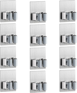 ZALCOON 4 PCS Mop Broom Holder Wall Mount - Mop Holder Self Adhesive Broom Hanger Stainless Steel for Home Garage Garden Laundry Room Storage, Kitchen Tools Organizer (With Hook)