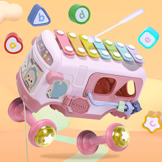 Mumoo Bear Baby Bus Musical Toy with Xylophone, Interactive Early Childhood Educational Gifts, Baby Crawling Activity Toys with Baby Cube, Suitable for Kids Ages 2+ (Pink)