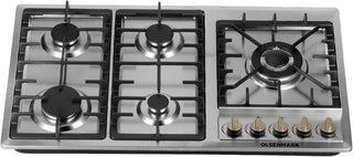 Olsenmark 5-in-1 Stainless Steel Gas Hob- OMK7034, 5 Burners, Stove with Auto Impulse Ignition, Triple Ring, Rapid, Semi-Rapid and Auxiliary Burners