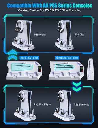 CENXI for Playstation 5 Slim&PS5 Console,Vertical Stand Base for PS5 Disc/Digital Edition Dual PS5 Controller Charger PS5 Accessory Turbo Fan/3 Usb Hub/Headset Holder (-White)
