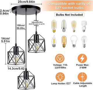 KEPHTH Industrial 3-Light Pendant Light, Adjustable Hanging Chandeliers Light Fixtures Vintage Farmhouse Pendant Lamp with Metal Caged E27 Base for Kitchen Island Dining Room Living Room