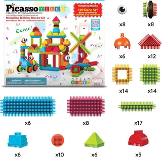 PicassoTiles 120pcs HedgehogTiles Building Block, Stacking Interlock Teeth Construction Sensory Gift STEM Toy for Kids Toddlers Age 3 + PTB120