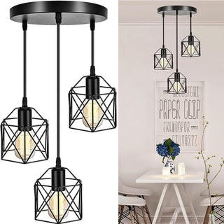 KEPHTH Industrial 3-Light Pendant Light, Adjustable Hanging Chandeliers Light Fixtures Vintage Farmhouse Pendant Lamp with Metal Caged E27 Base for Kitchen Island Dining Room Living Room