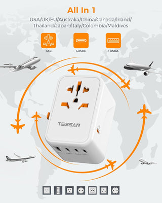 TESSAN Universal Adapter, Worldwide Travel Plug Adaptor with 2 USB A and 3 USB C Ports, International Travel Adapter for EU, UK, USA, AU, Power Socket Charger for Multi Countries