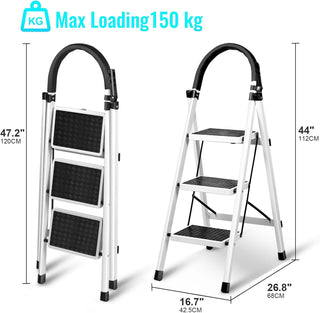 SKY-TOUCH Foldable Ladder 3 Steps, Home Ladder Folding Step Stool with Wide Anti-Slip Pedal, Adults Folding Sturdy Steel Ladder for Home,Kitchen, Garden, Office