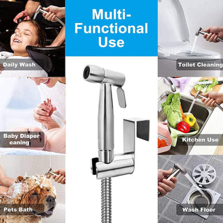 SKY-TOUCH 3 Pcs Bidet Toilet Spray Gun Set, Handheld Bidet Sprayer Shattaf with Stainless Steel Chrome Hose Toilet Water Sprayer, Silver