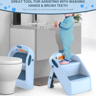 U-HOOME Foldable Toddler Step Stool for Kids Kitchen Bathroom Sink,Toilet Steps Potty Training Stool,Dual Height 11" Kitchen Helper Plastic Poop Stools Ladder with Handles Nursery Foot Stools (Blue)