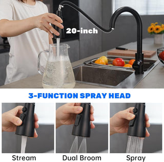 DAYONE Waterfall Kitchen Sink Tap with Pull Out Sprayer, Matte Black Kitchen Faucet Raindance 3 Modes, Modern Stainless Steel 1 Hole Sink Mixer, 360° Swivel & Single Handle, DAY-CR2546