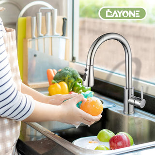 DAYONE Waterfall Kitchen Sink Tap with Pull Out Sprayer, Matte Black Kitchen Faucet Raindance 3 Modes, Modern Stainless Steel 1 Hole Sink Mixer, 360° Swivel & Single Handle, DAY-CR2546