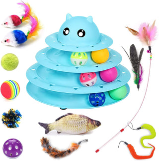 STOREAL 14 PCS Cat Toys for Indoor Cats, Kitten Toys, Interactive 3 Level Cat Roller Exerciser,Cat Teaser Ball Toys, Catnip fish, Cat Mouse and Retractable Cat Feather Wand