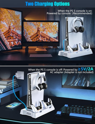 CENXI for Playstation 5 Slim&PS5 Console,Vertical Stand Base for PS5 Disc/Digital Edition Dual PS5 Controller Charger PS5 Accessory Turbo Fan/3 Usb Hub/Headset Holder (-White)