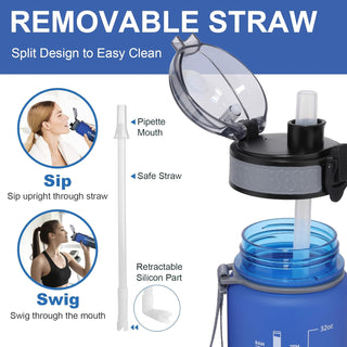 GEMFUL Water Bottle 1L with Straw Time Marker Tritan BPA Free for Fitness Gym Outdoor Sports (Green/black)