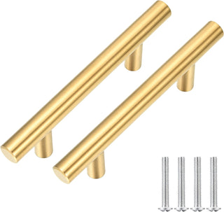 Kitmose 15 Pack Cabinet Pulls Brushed Gold Stainless Steel T Bar Pull Handles for Furniture Kitchen Cabinet Cupboard Drawer Door Handle Pull Knobs (Overall Length 6", Hole Center 3-3/4")