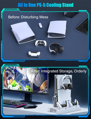 CENXI for Playstation 5 Slim&PS5 Console,Vertical Stand Base for PS5 Disc/Digital Edition Dual PS5 Controller Charger PS5 Accessory Turbo Fan/3 Usb Hub/Headset Holder (-White)