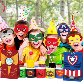 Beauenty Party Articles Superhero Birthday Party Gift Set Includes 18 Pcs Party Articles Superhero masks， 18Pcs Keychains 18Pcs Gifts Bag，36pcs Superhero Hand Slap Bracelet(108PC)
