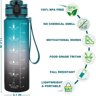 GEMFUL Water Bottle 1L with Straw Time Marker Tritan BPA Free for Fitness Gym Outdoor Sports (Green/black)