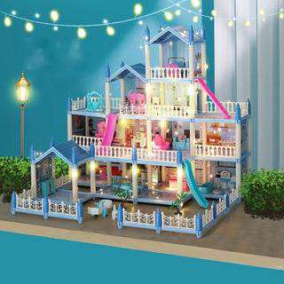 Beauenty Doll House Building Toys with Lights to Assemble Kitchen, Bedroom, Furniture, Garden, Dolls, Pets, Pink Play Dream House for Girls, Girls Toddler DIY Ideas Gifts (PINK 14 Rooms)