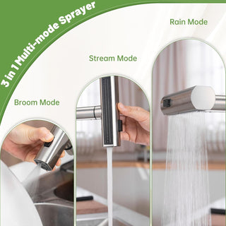DAYONE Waterfall Kitchen Sink Tap with Pull Out Sprayer, Matte Black Kitchen Faucet Raindance 3 Modes, Modern Stainless Steel 1 Hole Sink Mixer, 360° Swivel & Single Handle, DAY-CR2546