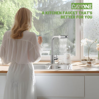 DAYONE Waterfall Kitchen Sink Tap with Pull Out Sprayer, Matte Black Kitchen Faucet Raindance 3 Modes, Modern Stainless Steel 1 Hole Sink Mixer, 360° Swivel & Single Handle, DAY-CR2546