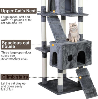 SKY-TOUCH Cat Tree Tower｜Durable Cat Condo with Sisal Scratching Posts｜Cozy Cat House,｜Ladder & Resting Platforms for Indoor Use | Assembly accessories｜120×49×39cm,Gray