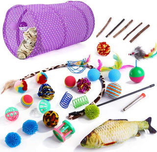 SKY-TOUCH 30pcs Interactive Cat Toys - Keep Your Cat Active and Happy with Variety Teaser Wand, Cat Tunnel, Tent, and Fish Toy，The best gifts for cat lovers