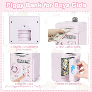 Refasy Piggy Bank for Girls 4-11 Years Old,Refasy Kids Safe Bank for Boys Christmas Birthday Gifts Toy for Kids Electronic ATM Money Bank for Adults Money Saving Box Safe Coin Bank Toy Kids Toys Pink