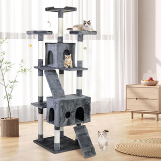 SKY-TOUCH Cat Tree Tower｜Durable Cat Condo with Sisal Scratching Posts｜Cozy Cat House,｜Ladder & Resting Platforms for Indoor Use | Assembly accessories｜120×49×39cm,Gray