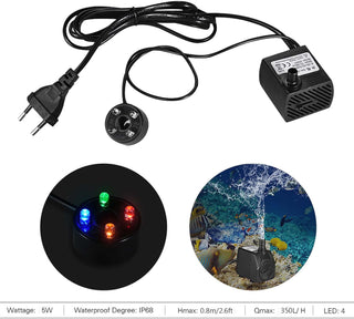 Eacam 350L/H 5W Submersible Water Pump with 4 LED Light Ultra Quiet for Pond Aquarium Fish Tank Tabletop Fountain Hydroponics 4.9ft (1.5m) Power Cord- Black