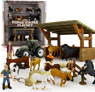 AM ANNA Horse Stable Playset Toys for Boys Girls Age 4-7,17 Pcs Cowboy Toy Spirit Toy Playset with Horses Figures Stall Tractor,Farm Animals Farmhouse Toys Farmer Vehicle (17 PCS Horse Stable Playset)