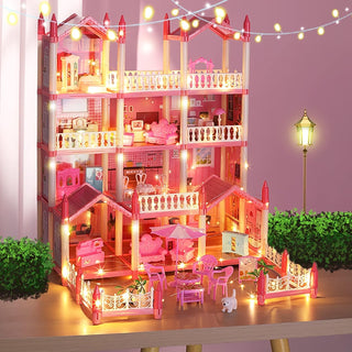 Beauenty Doll House Building Toys with Lights to Assemble Kitchen, Bedroom, Furniture, Garden, Dolls, Pets, Pink Play Dream House for Girls, Girls Toddler DIY Ideas Gifts (PINK 14 Rooms)