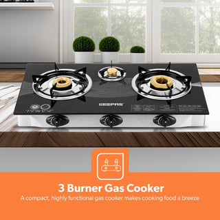 Triple Gas Burner with Tempered Glass - Auto-Ignition, Thick Pan Support & Comfortable Knobs | Low Gas Consumption