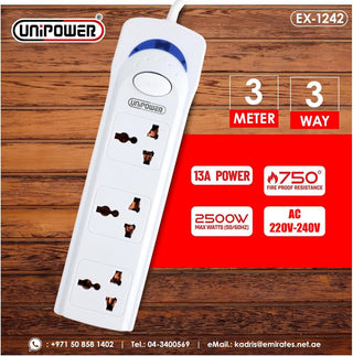 Unipower EX-1242 Power Socket with 3 Way Outlets and Extension Cord, 3 Meter Length, White