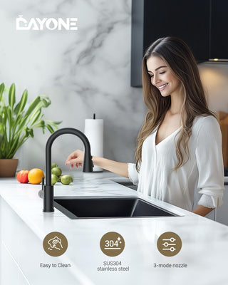 DAYONE Waterfall Kitchen Sink Tap with Pull Out Sprayer, Matte Black Kitchen Faucet Raindance 3 Modes, Modern Stainless Steel 1 Hole Sink Mixer, 360° Swivel & Single Handle, DAY-CR2546