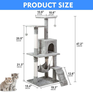 SKY-TOUCH Cat Tree Tower｜Durable Cat Condo with Sisal Scratching Posts｜Cozy Cat House,｜Ladder & Resting Platforms for Indoor Use | Assembly accessories｜120×49×39cm,Gray