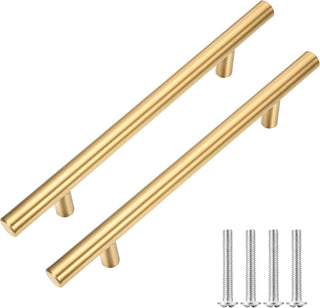 Kitmose 15 Pack Cabinet Pulls Brushed Gold Stainless Steel T Bar Pull Handles for Furniture Kitchen Cabinet Cupboard Drawer Door Handle Pull Knobs (Overall Length 6", Hole Center 3-3/4")