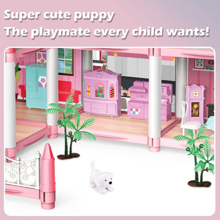 Beauenty Doll House Building Toys with Lights to Assemble Kitchen, Bedroom, Furniture, Garden, Dolls, Pets, Pink Play Dream House for Girls, Girls Toddler DIY Ideas Gifts (PINK 14 Rooms)