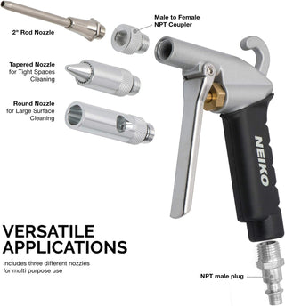 NEIKO 31121A High Flow Air Blow Gun | 3 Pc Pneumatic Air Nozzle | Dust Gun | Air Gun Compressor Accessories | ¼”