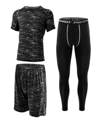 SKY-TOUCH Sports Running Compression Sets, Mens Sportswear 3 pack Quick Dry Fitness Workout Suits with Basic T Shirts, Loose Fitting Shorts, Compression Pants, Size M-3XL